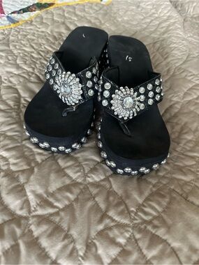 Corkys Black Jeweled Platform Thong Sandals